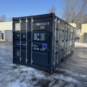 new **open side**shipping/storage container standard height– wind and watertight – gray
